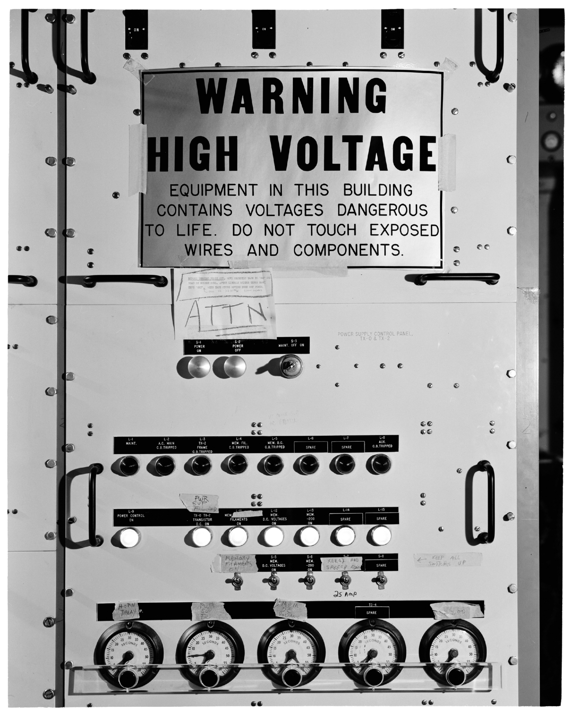 P91-218: 02/28/1963,  A Cropped version of this photo appears in: "TX-2 Users Handbook," Lincoln Manual No. 45, July, 1961, p. 5-3, Figure 5-2.: Power Panel (in the Power Room).